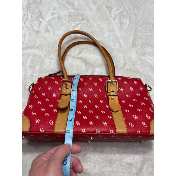 Dooney & Bourke Red Monogrammed Satchel Handbag With Tan Leather Trim & Handles - Picture 7 of 7
